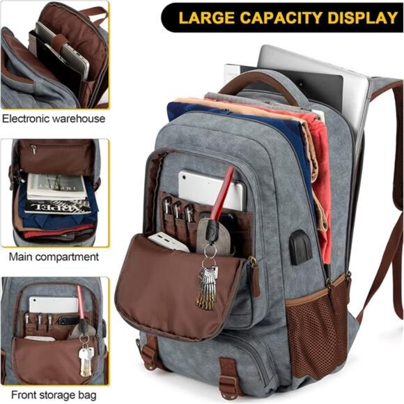 Canvas Laptop Backpack, Bag for Men Women,Travel Work Rucksack Fits 15.6 - Picture 3 of 6